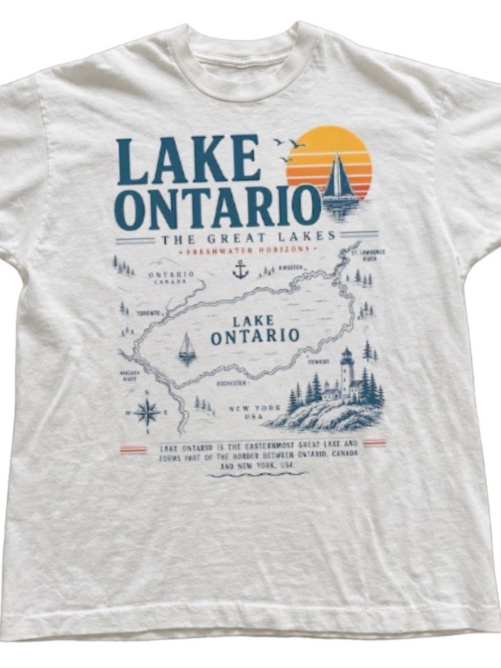 White Lake Ontario Graphic Tee with Blue and Orange Print